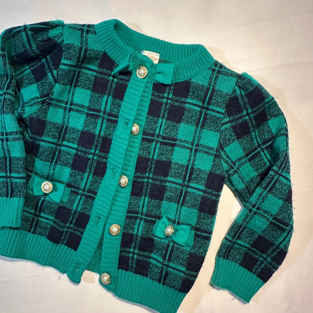 Vintage Green & Black Gingham Holiday Button Up Cardigan Sweater w/ Bows Sz 3t